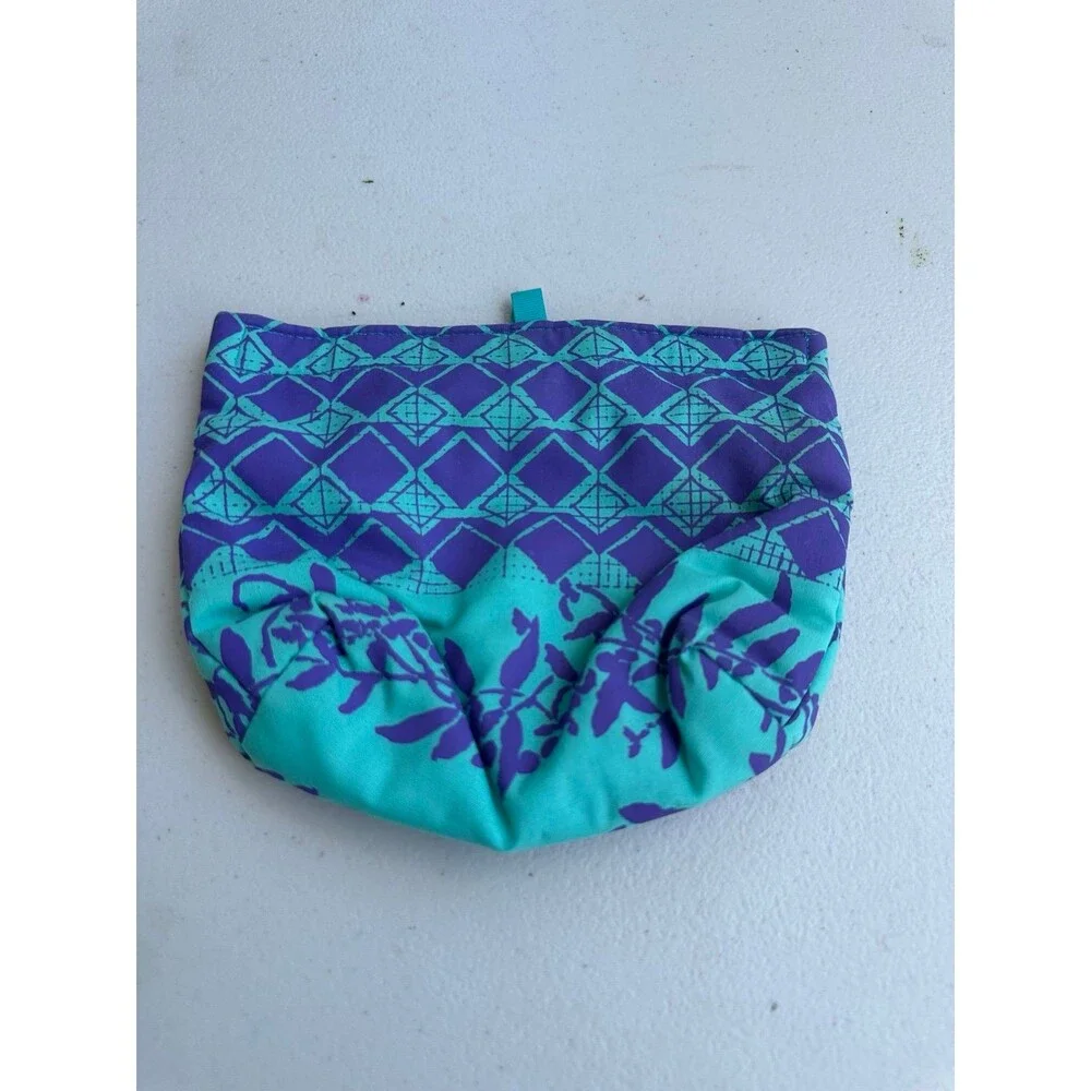 Handmade Hawaiian Silkscreen Teal Hook Loop Closure Nylon Lined Cosmetic Pouch